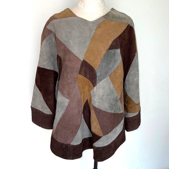 Vintage Handmade Suede Patchwork Poncho Womens One Size Pullover Slit Pockets - Picture 12 of 12